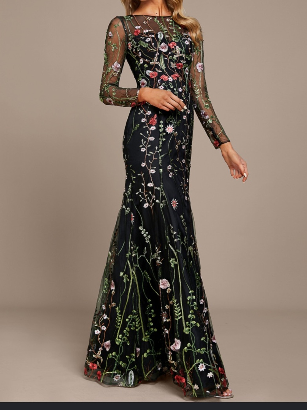 NWT JJ's House Antosia Black Lace floral Maxi Dress long sleeve size US 4